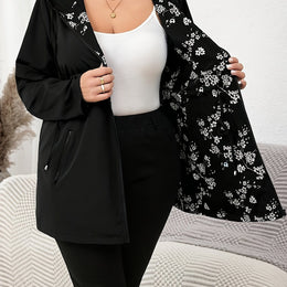 jkthpu-45 White Flower On Black Background / UK 16 Vibrant Floral Plus Size Hooded Trench Coat  All Season Style