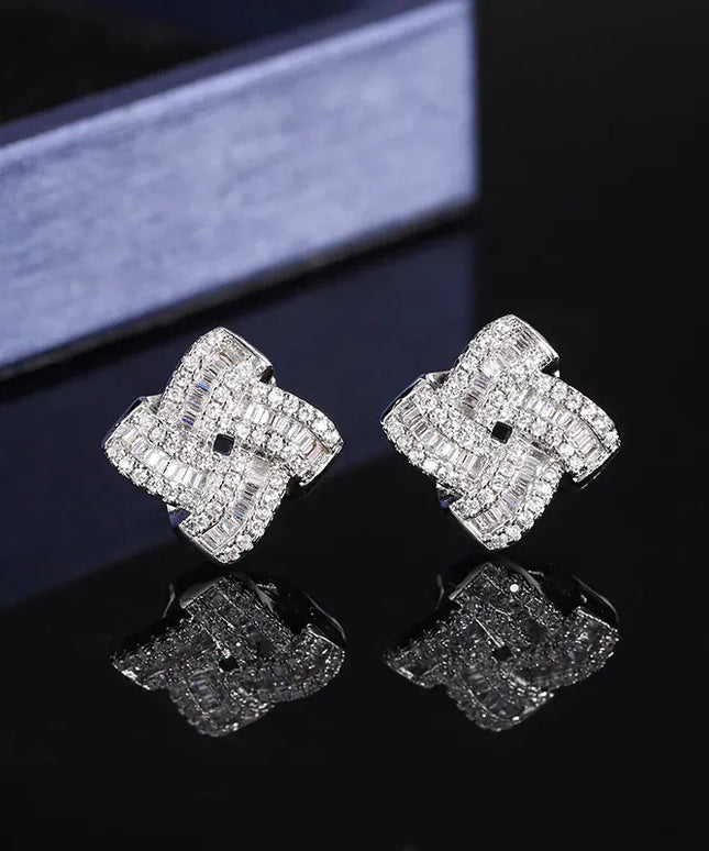 KissICON WHITE 💋 Four Leaf Clover Silver Plated Earrings - Zircon Shine
