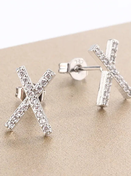 KissICON WHITE Gleaming 925 Silver Plated X Cross Diamond Stud Earrings