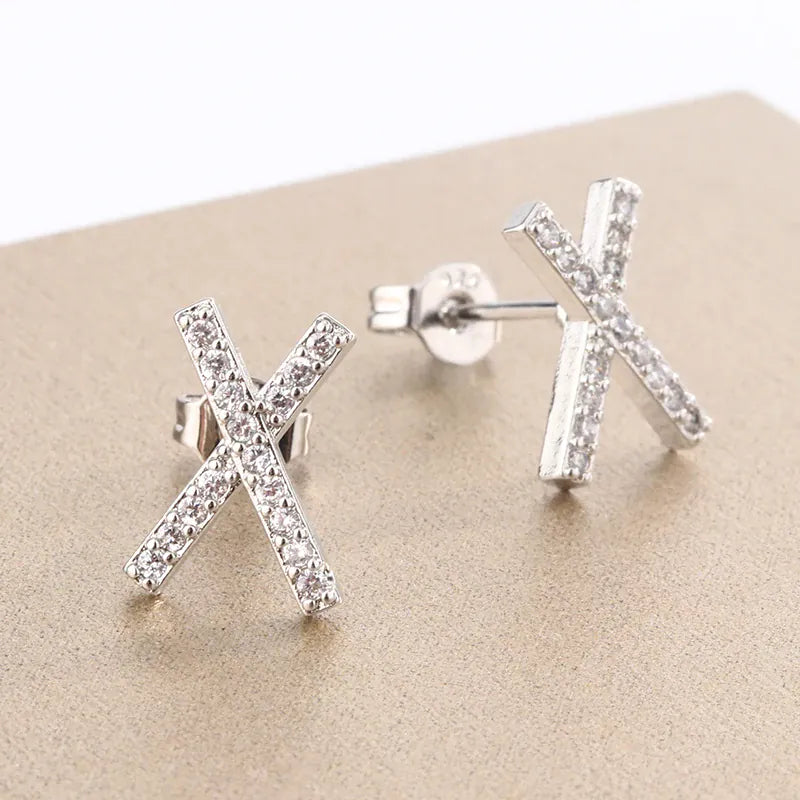 KissICON WHITE Gleaming 925 Silver Plated X Cross Diamond Stud Earrings