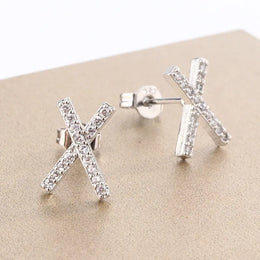KissICON WHITE Gleaming 925 Silver Plated X Cross Diamond Stud Earrings