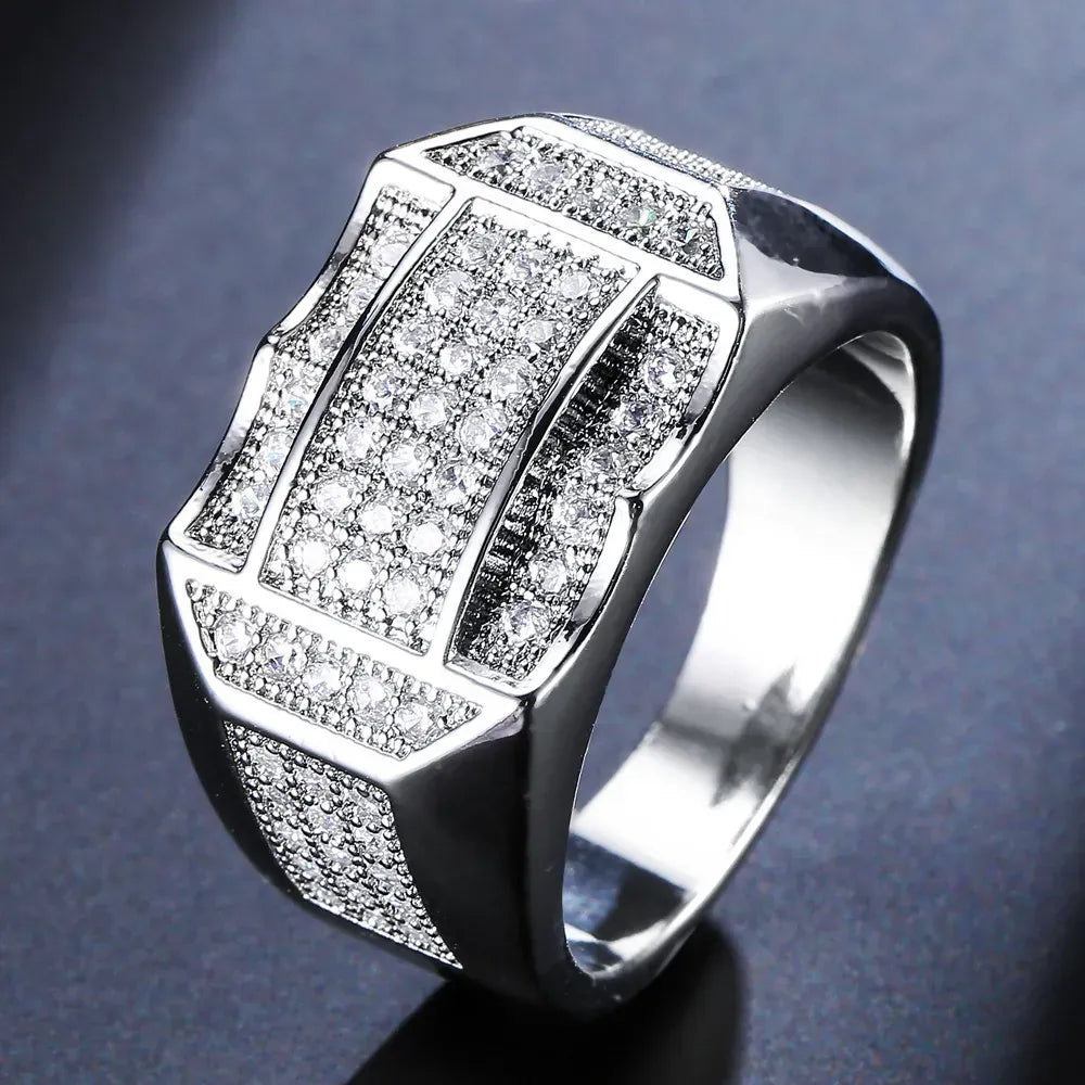 KissICON White gold / 9 Stylish 925 Sterling Silver Men S Ring With Diamond Encrusted Design Featuring Generous And Simple Temperament For Trendy Guys