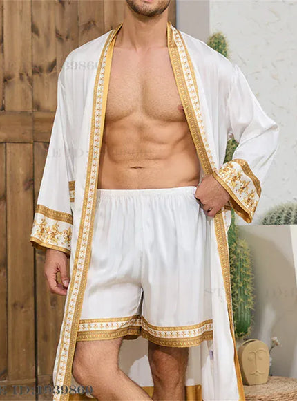 KissICON White Golden Set / L Mens 2PC Silk Satin Pajama Robe Set