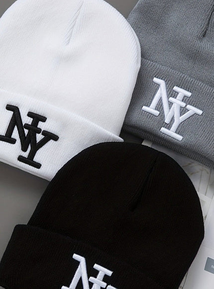 jkthpu-45 White+gray+black 3Pack Unisex Black Knit Beanies Embroidered NY Logo