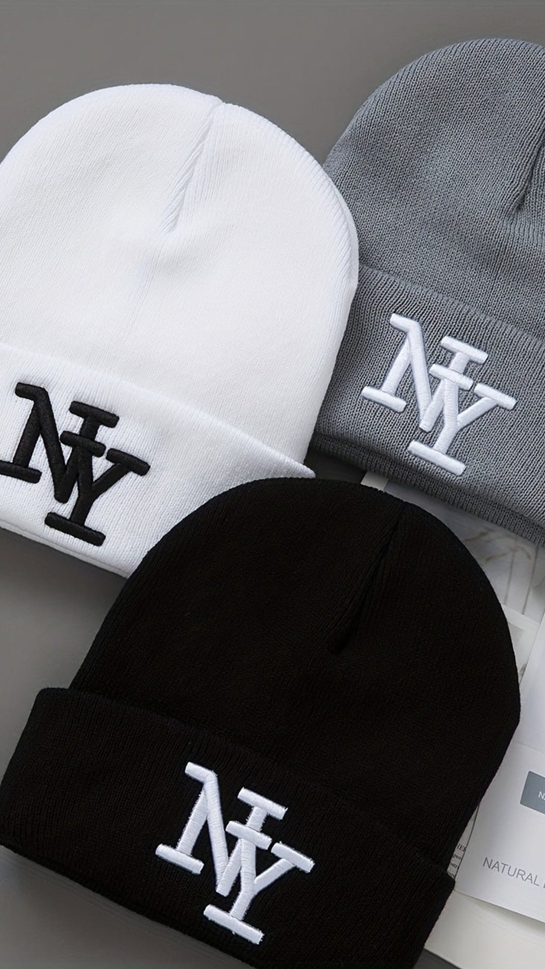 jkthpu-45 White+gray+black 3Pack Unisex Black Knit Beanies Embroidered NY Logo