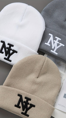 jkthpu-45 White+grey+khaki 3Pack Unisex Black Knit Beanies Embroidered NY Logo