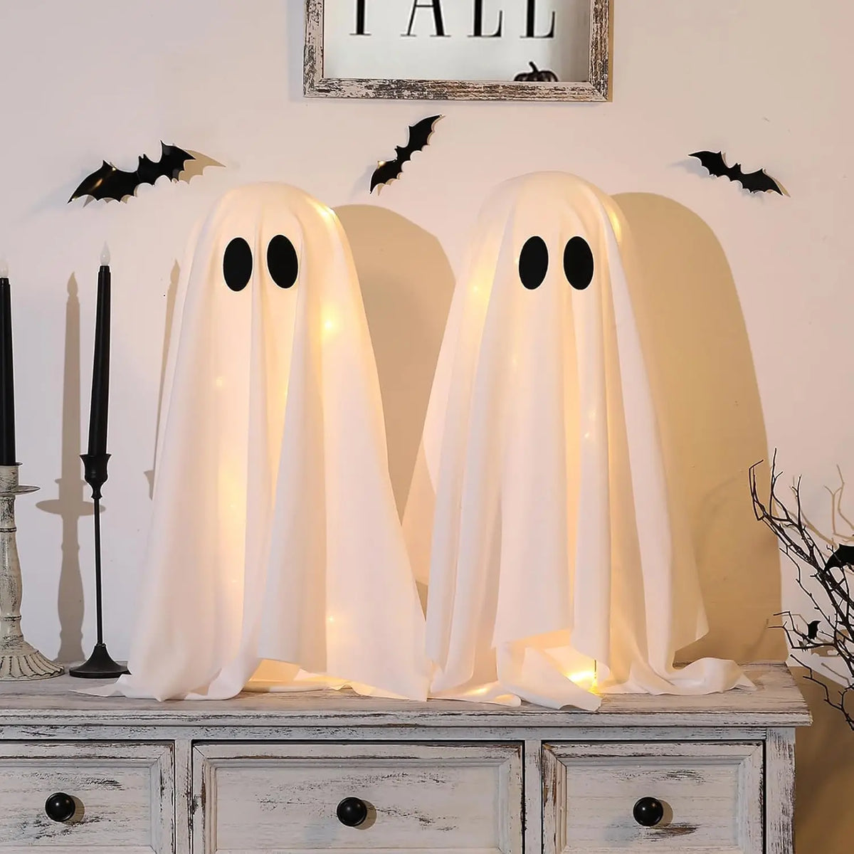 KissICON White Halloween Ghost Decor with String Lights, 2 Pack - Haunted Hanging Ghosts for Home Party Table Room Kitchen Halloween