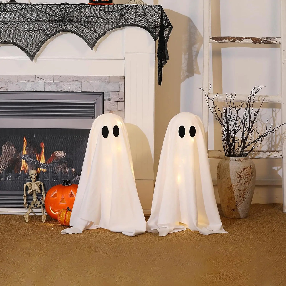 KissICON White Halloween Ghost Decor with String Lights, 2 Pack - Haunted Hanging Ghosts for Home Party Table Room Kitchen Halloween