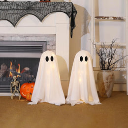 KissICON White Halloween Ghost Decor with String Lights, 2 Pack - Haunted Hanging Ghosts for Home Party Table Room Kitchen Halloween