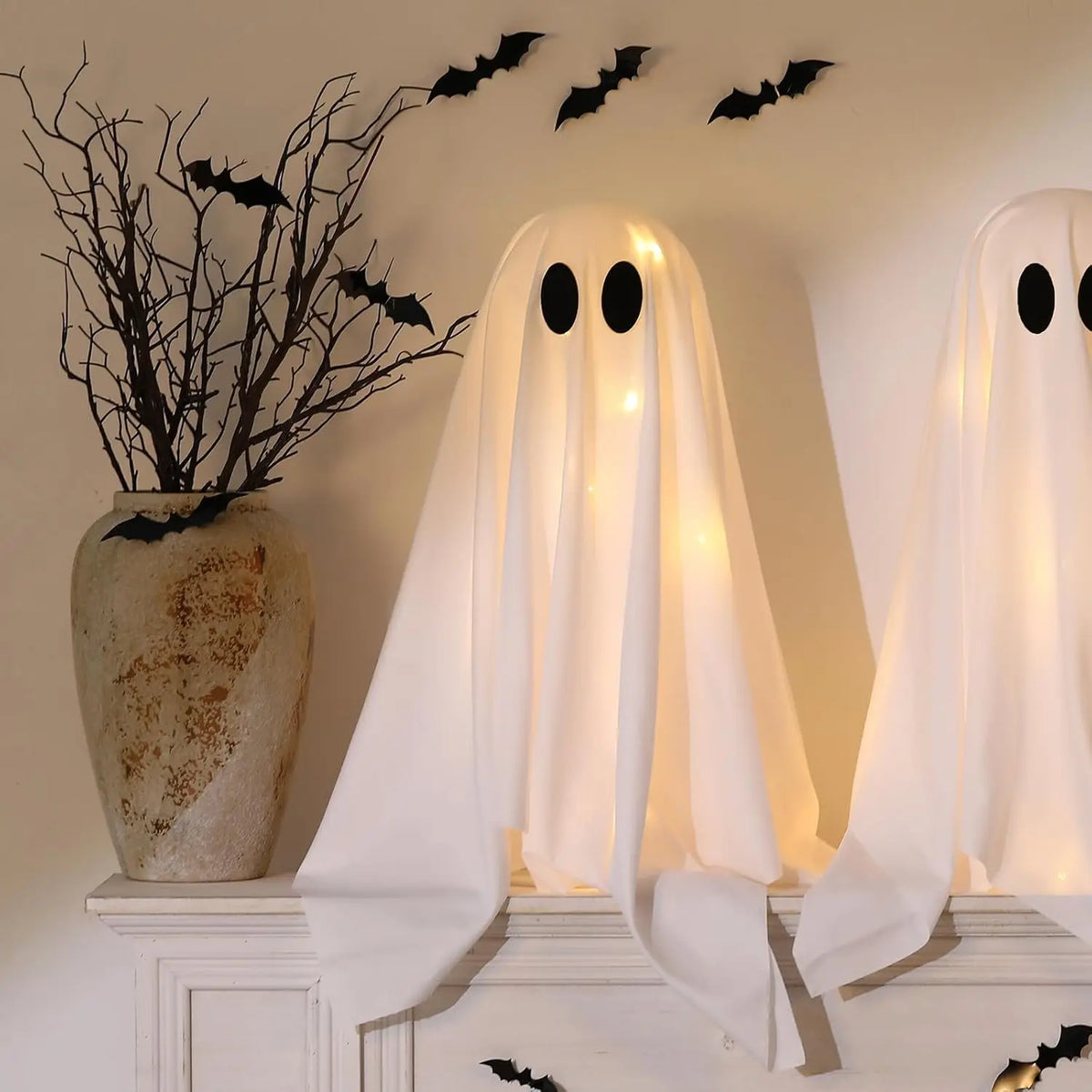KissICON White Halloween Ghost Decor with String Lights, 2 Pack - Haunted Hanging Ghosts for Home Party Table Room Kitchen Halloween