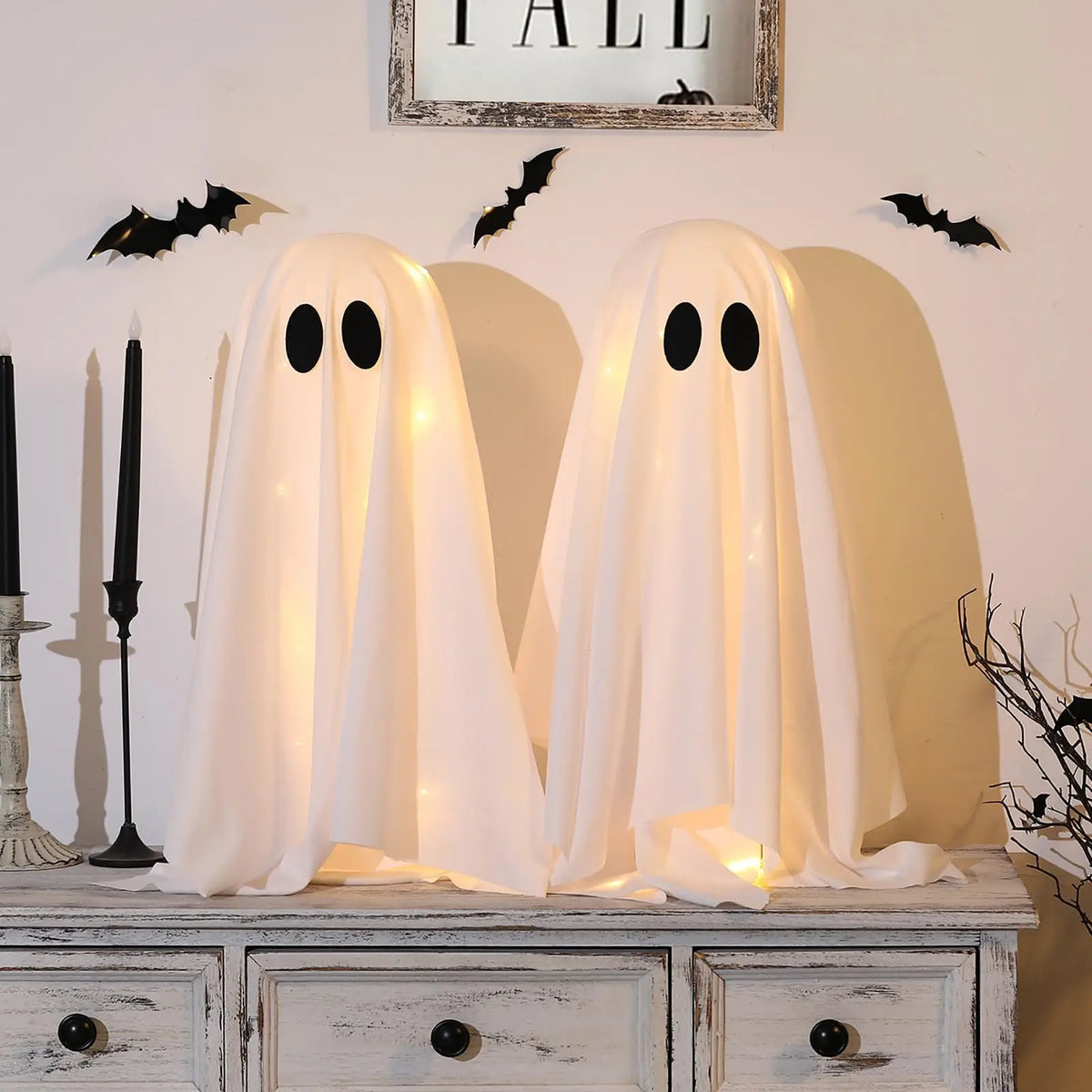 KissICON White Halloween Ghost Decor with String Lights, 2 Pack - Haunted Hanging Ghosts for Home Party Table Room Kitchen Halloween