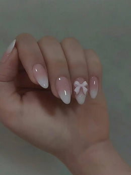 KissICON WHITE KissIcon 24Pcs Almond Press On Nails Pink Bow