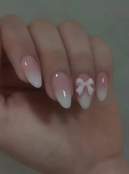 KissICON WHITE KissIcon 24Pcs Almond Press On Nails Pink Bow