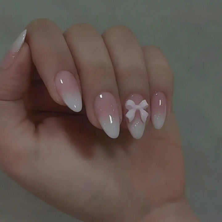 KissIcon 24Pcs Almond Press On Nails Pink Bow