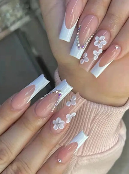 KissICON White KissIcon 24Pcs False Nails Flower Design - Long