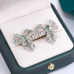 Dropshipman WHITE KissIcon Bow Shape Earrings - Sparkle Zircon Silver Plated