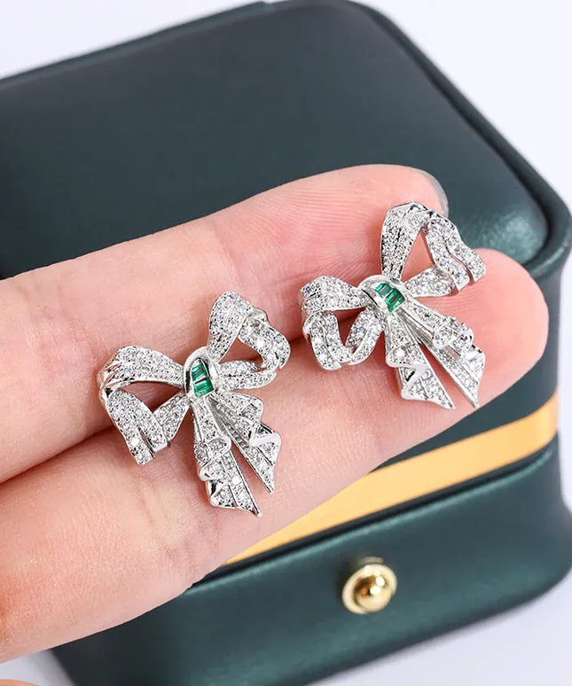 Dropshipman WHITE KissIcon Bow Shape Earrings - Sparkle Zircon Silver Plated