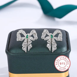 Dropshipman WHITE KissIcon Bow Shape Earrings - Sparkle Zircon Silver Plated