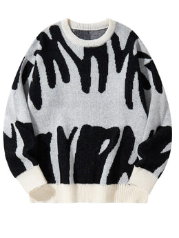 KissICON WHITE / L Trendy Irregular Jacquard ColorBlock Mens Pullover Sweater