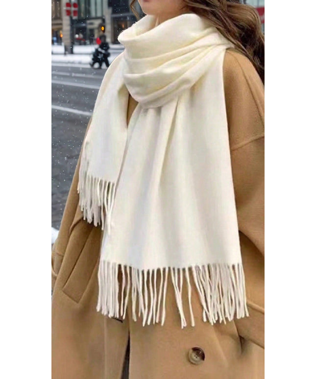 KissICON White / One-Size Chic Fringe Cashmere Scarf – Cozy Autumn & Winter Neck Warmer