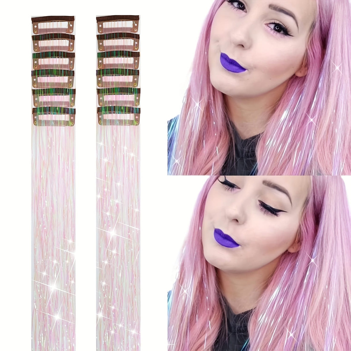 KissICON White Pink / 20inch KissIcon Hair Tinsel Clip In Extensions - Heat