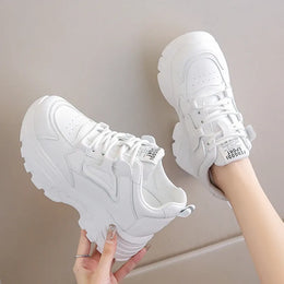 Dropshipman White Platform Women's Sneakers 2024 Spring Lace-Up Thick Bottom Vulcanize Shoes Woman Pu Leather Breathable Sports Shoes Ladies