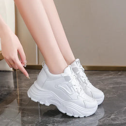 Dropshipman White Platform Women's Sneakers 2024 Spring Lace-Up Thick Bottom Vulcanize Shoes Woman Pu Leather Breathable Sports Shoes Ladies