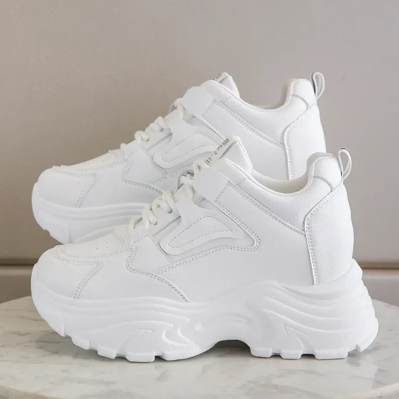 Dropshipman White Platform Women's Sneakers 2024 Spring Lace-Up Thick Bottom Vulcanize Shoes Woman Pu Leather Breathable Sports Shoes Ladies