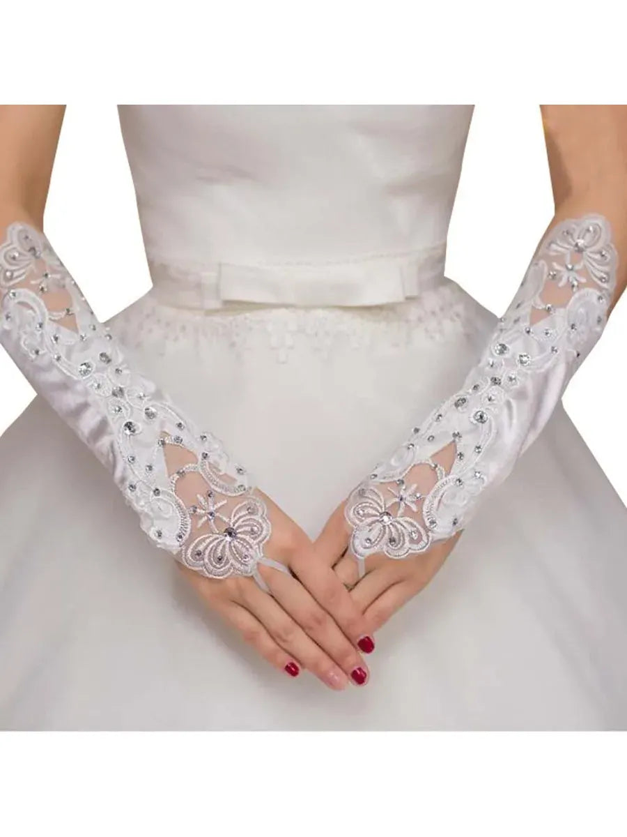 KissICON WHITE Princess Satin Lace  Communion Halloween Costume  Wedding Flower Girl Fingerless Gloves