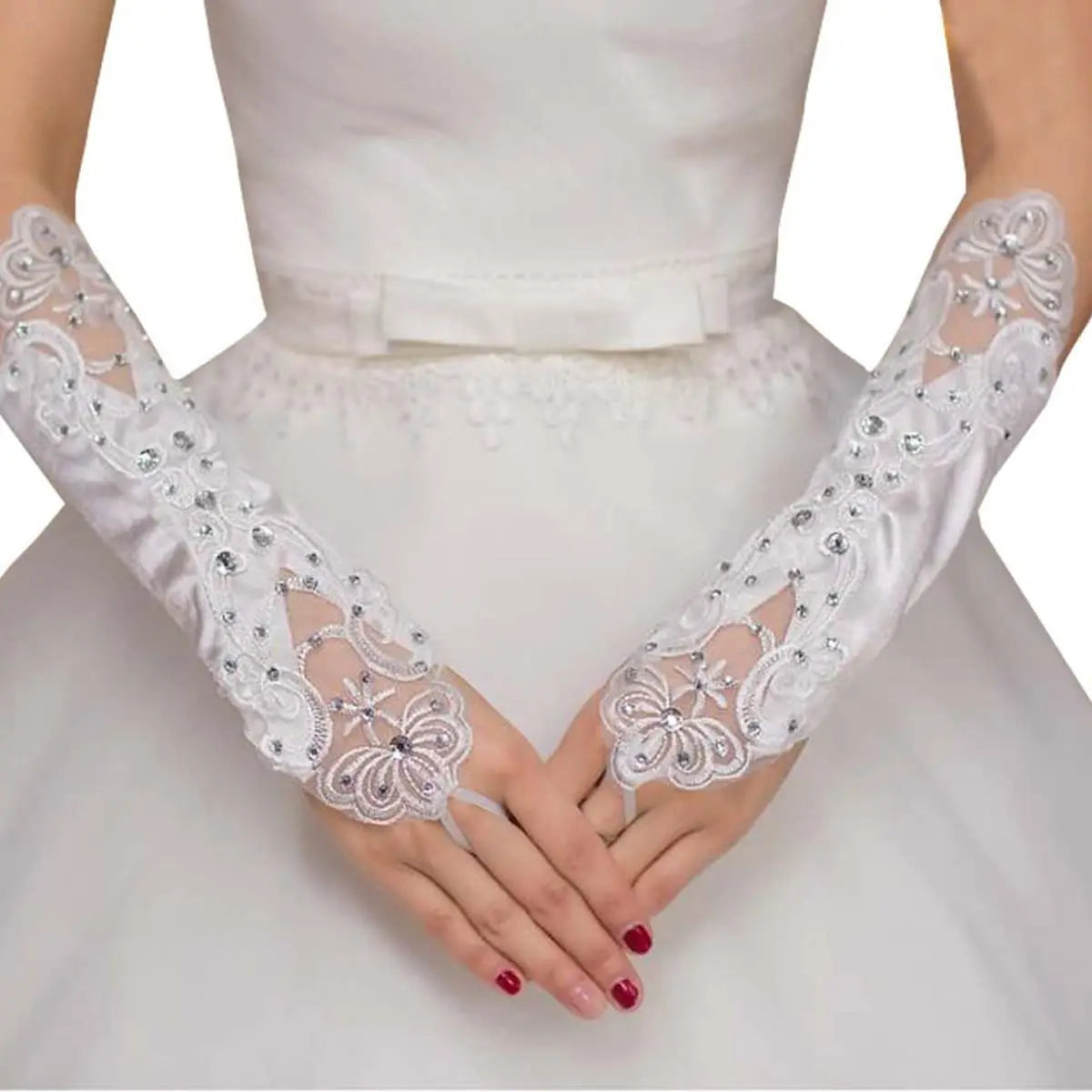 KissICON WHITE Princess Satin Lace  Communion Halloween Costume  Wedding Flower Girl Fingerless Gloves