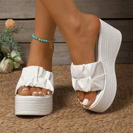 KissICON White Pu Leather Wedges Sandals for Women Summer