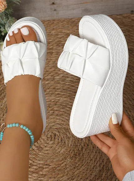 KissICON White Pu Leather Wedges Sandals for Women Summer