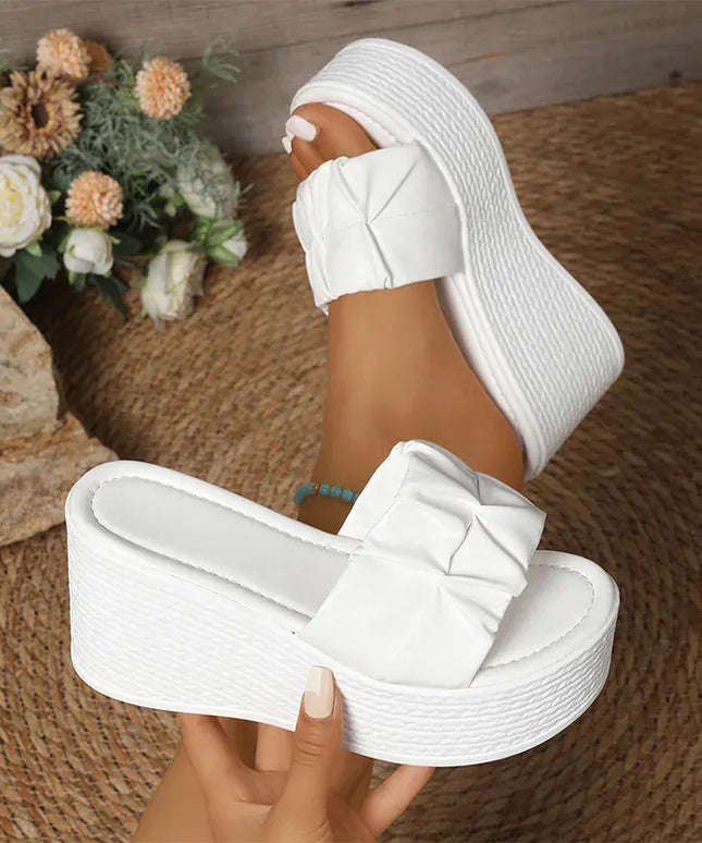 KissICON White Pu Leather Wedges Sandals for Women Summer