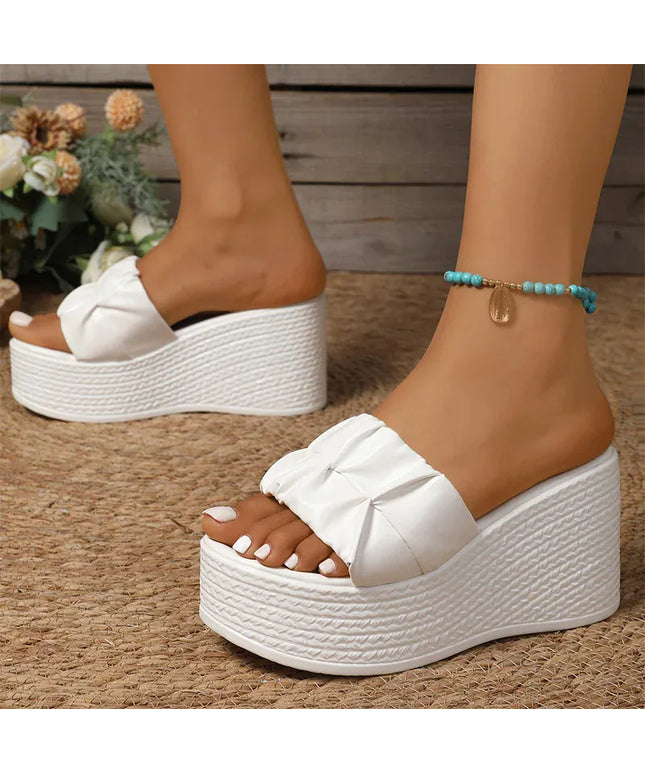 KissICON White Pu Leather Wedges Sandals for Women Summer