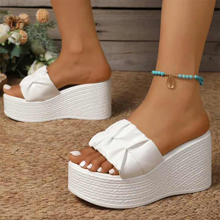 White Pu Leather Wedges Sandals for Women Summer