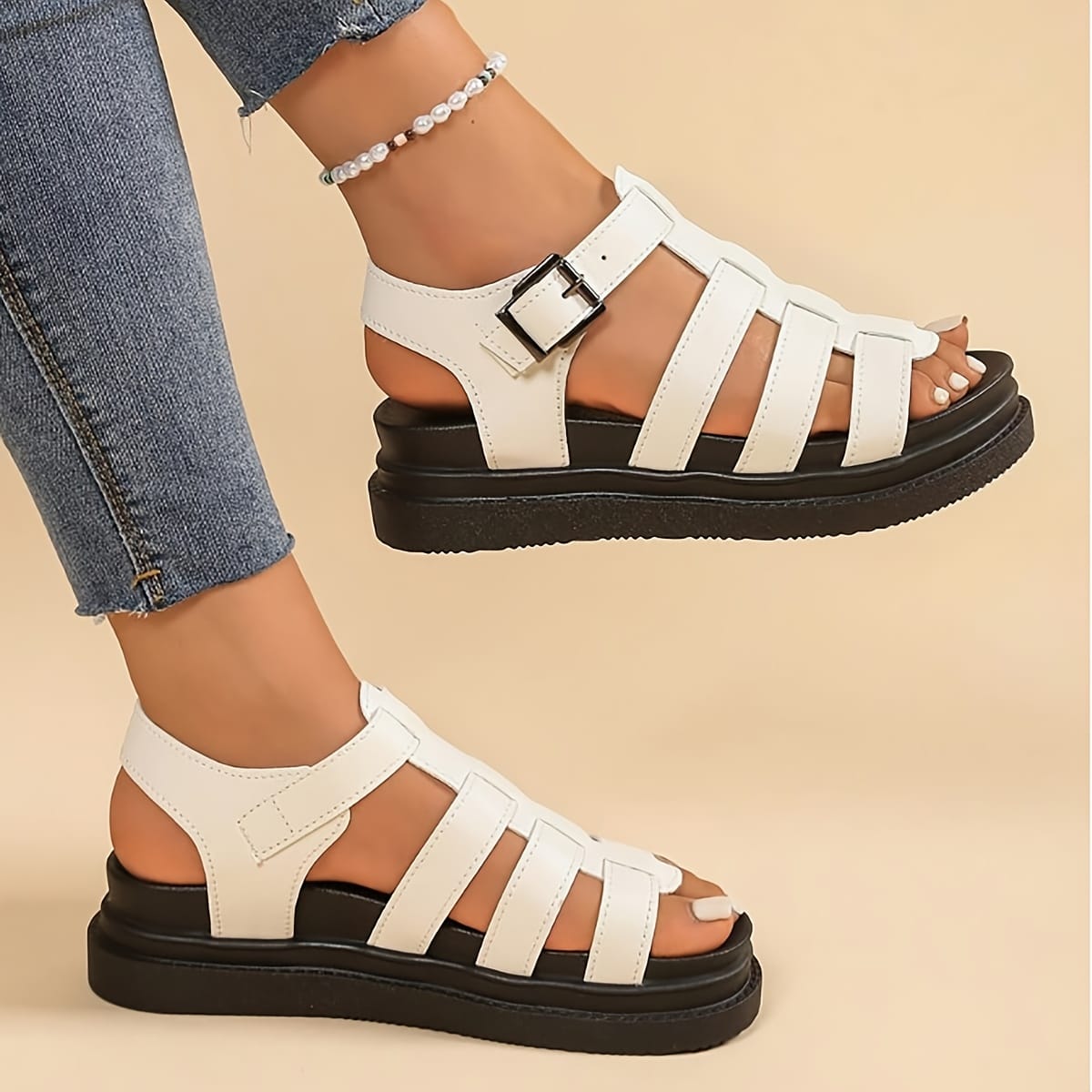 jkthpu-45 White Roman Wedge Sandals Comfy SlipOn Thick Platform Heels