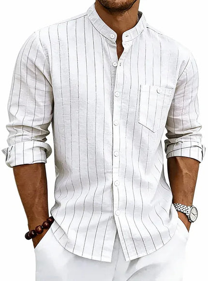 KissICON white / S / China Mainland Striped Linen Stand Collar Loose Fashion Commuter Shirt