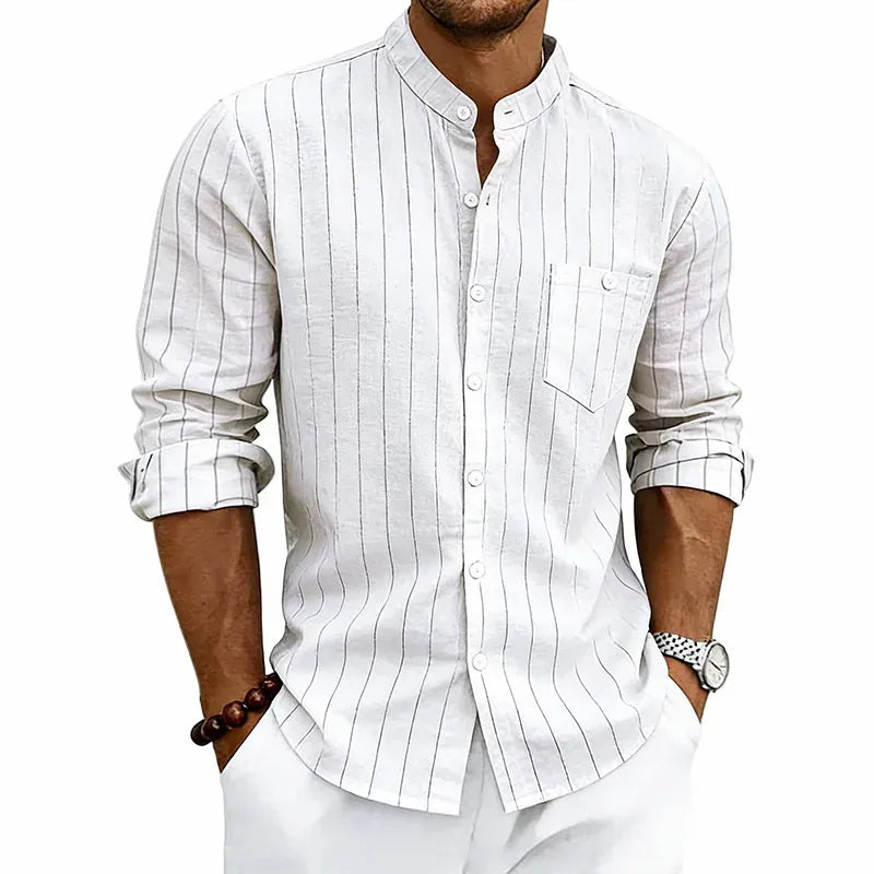 KissICON white / S / China Mainland Striped Linen Stand Collar Loose Fashion Commuter Shirt