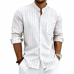 KissICON white / S / China Mainland Striped Linen Stand Collar Loose Fashion Commuter Shirt