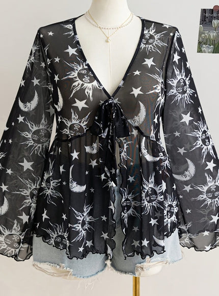 jkthpu-45 White Sun / UK 18 Celestial Vibes Plus Size Sheer Bell Sleeve Top