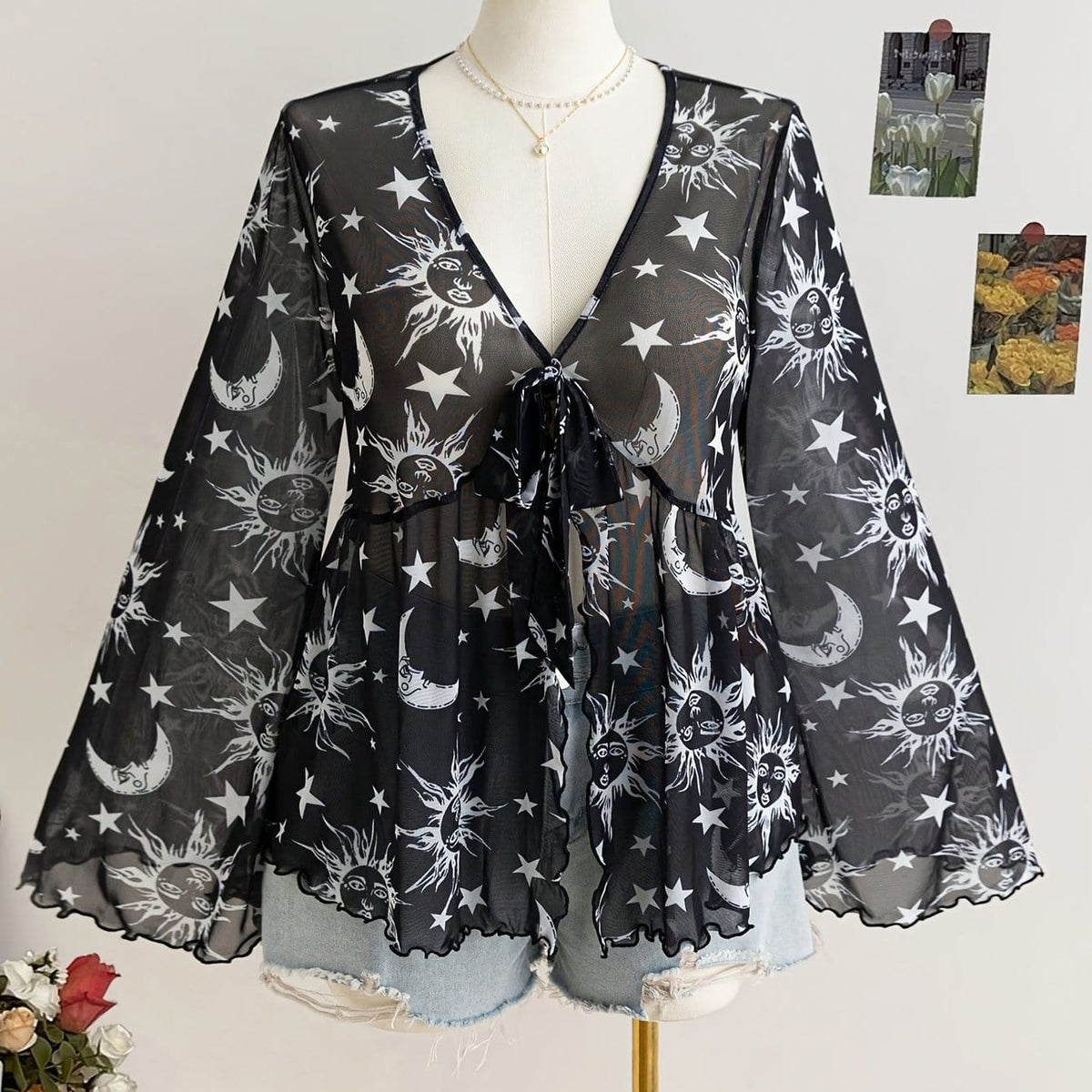 jkthpu-45 White Sun / UK 18 Celestial Vibes Plus Size Sheer Bell Sleeve Top