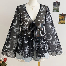 jkthpu-45 White Sun / UK 18 Celestial Vibes Plus Size Sheer Bell Sleeve Top