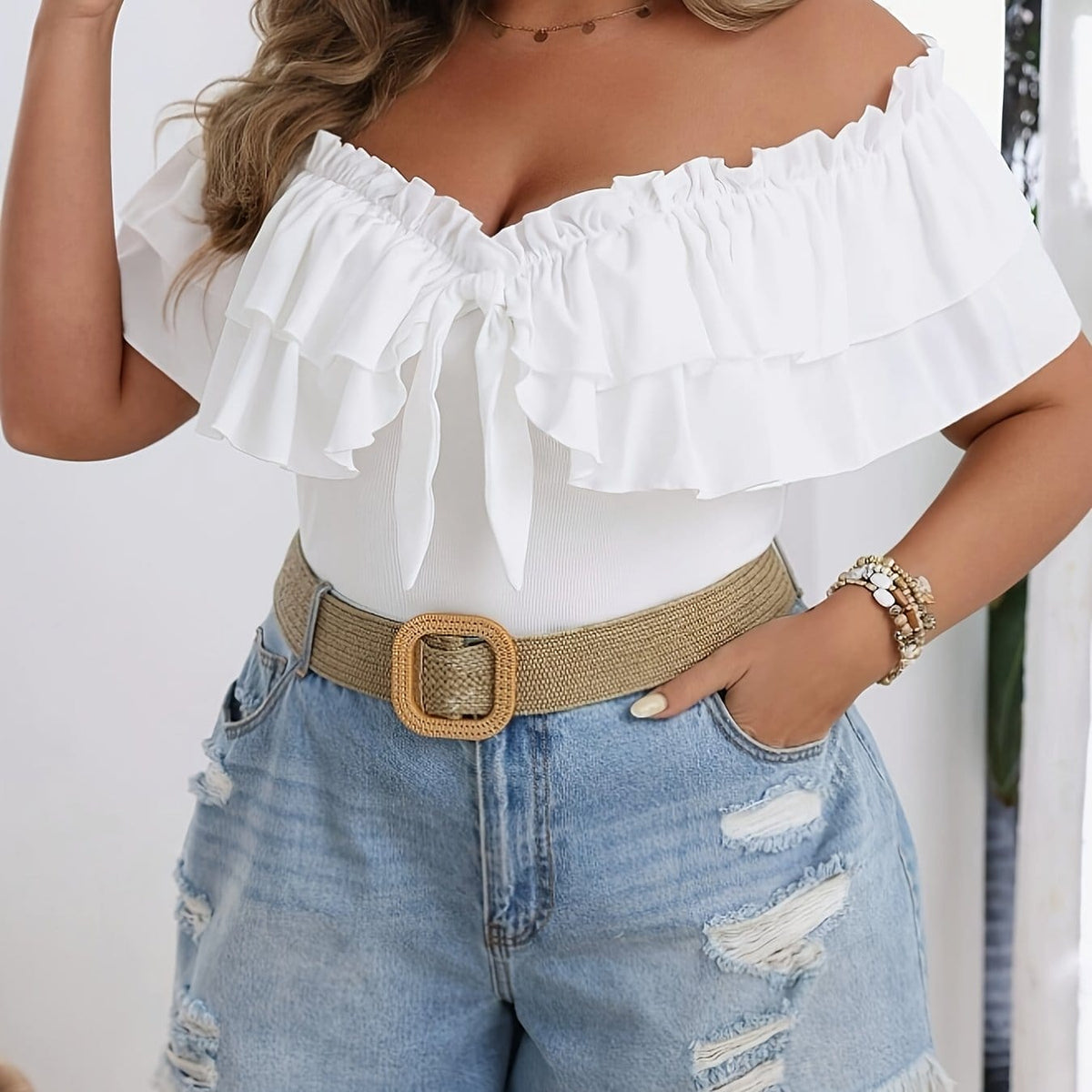 jkthpu-45 White / UK 16 Chic OffShoulder Ruffle Top Vacation Style Breezy Comfort