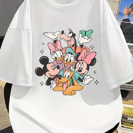 KissICON White / UK 16 Disney Official Women's Summer New Arrival Oversized Fashionable Mickey Mouse & Friends Cartoon Print Casual Round Neck T-Shirt, Machine Washable Loose Fit Fun Design Comfort Fabric for Home and Outing Wear