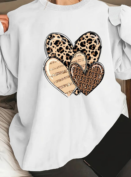 jkthpu-45 White / UK 16 Fashionable Round-Neck Sweatshirt with Leopard Print And Heart