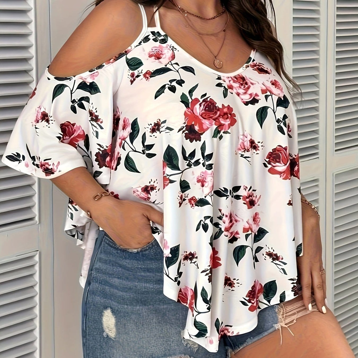 jkthpu-45 White / UK 16 Women'S Plus Size Floral Off-Shoulder Top with Ruffle