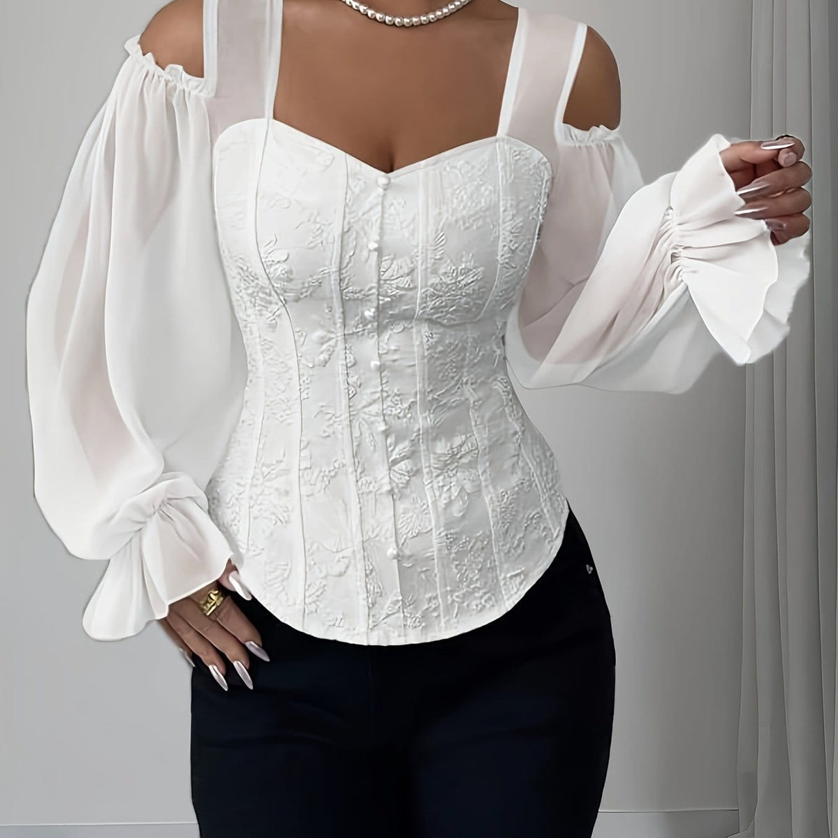 jkthpu-45 White / UK 18 Elegant Off-Shoulder Floral Jacquard Blouse with Lantern Sleeves - Square Neck, Machine Washable, Non-Sheer - Perfect for Spring & Fall, Women's Fashion Top, Floral Print Blouse