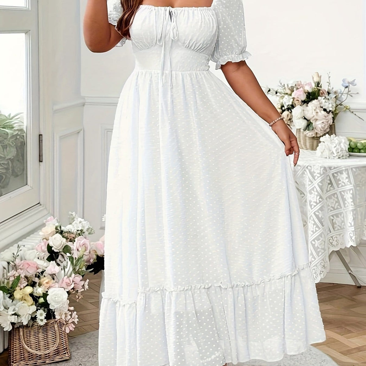 jkthpu-45 White / UK 18 Plus Size - Elegant White Square Neck Dress with Lantern Sleeves and Ruffled Hem - Long Sleeve, Flowy Maxi Dress for Women, Perfect for Vacation or Formal Occasions, Vacation Dress | Ruffled Hem Dress | Nonstretch Fabric, Cute Dresses