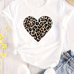 KissICON White / UK 18 Plus Size Leopard Heart Print T-shirt - Vibrant Short Sleeve Crew Neck Casual Top for Summer & Spring - Soft, Breathable, Relaxed Fit Women's Plus Size Clothing for Everyday Wear