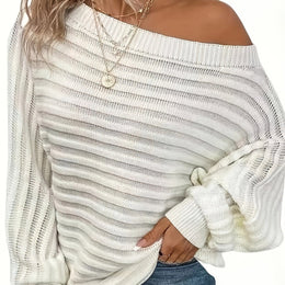 jkthpu-45 White / UK 18 Plus Size Off-Shoulder Knit Sweater – Solid Colour Multi-Option